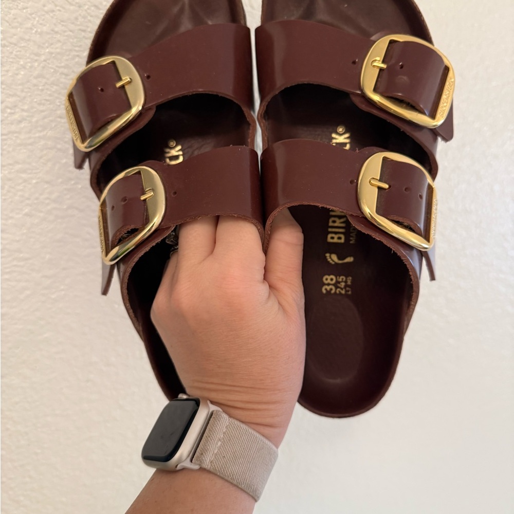 Birkenstock Dark Brown Sandals with Gold Buckles